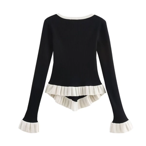 Women's V-neck ribbed knit sweater with contrast white ruffle hem and sleeve detail