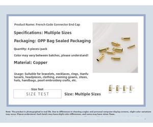 Detailed specs for gold-plated copper tube end caps for DIY jewelry in multiple sizes