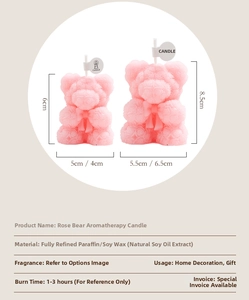 Detailed size comparison of pink rose textured bear scented candles in two sizes
