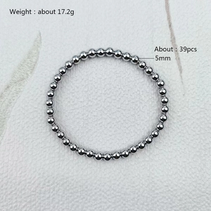 Detail showing 5mm silver steel beads bracelet weight 17.2g and 39 pieces count