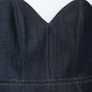Sexy dark blue denim tube top with contrast stitching and ruffled waist detail