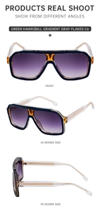 Three-angle view of green hawksbill square sunglasses with gradient gray lenses