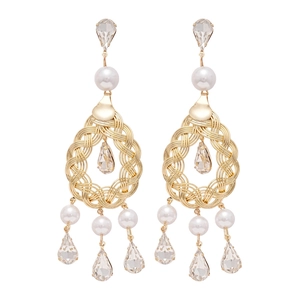 French vintage gold drop earrings with pearls and hollow waterdrop crystals