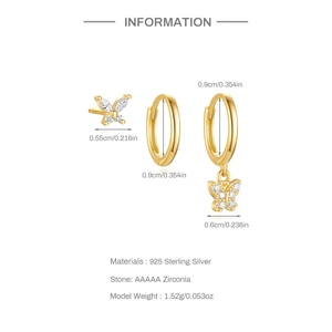 Detailed size specifications for S925 sterling silver butterfly earrings with zircons