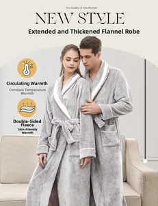 Close-up of thick grey flannel bathrobe texture with contrast piping and soft finish