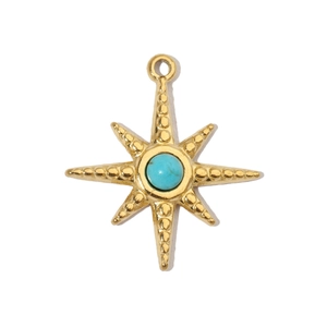 Detail of gold starburst pendant featuring a turquoise center stone and textured metal
