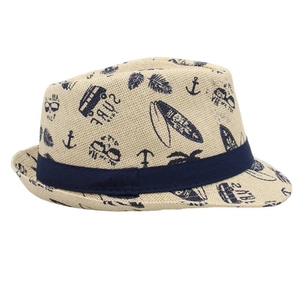 Detailed view of kids fedora straw hat with nautical surf prints and navy ribbon band