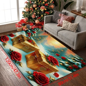 Detailed view of a 120x80cm Christmas rug featuring red roses and golden gift boxes