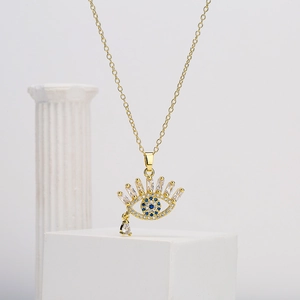 Elegant 18K gold-plated copper necklace featuring a weeping evil eye pendant with blue zircon