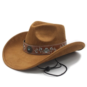 Cappello da cowboy marrone in finta pelle scamosciata con fascia ricamata e turchese