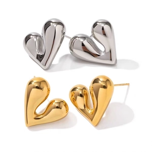 Polished 18K gold and silver plated heart stud earrings with 3D fluid metal texture