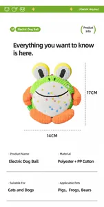 Detail of frog-shaped electric plush dog toy showing 17cm by 14cm size dimensions