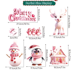 Detailed dimensions of pink Christmas window stickers including Santa, house and snowman