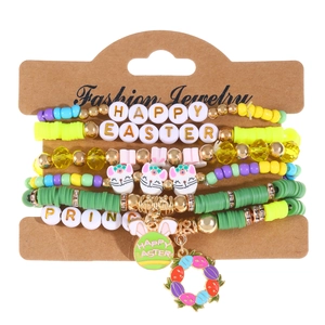 Easter multi-layer beaded bracelet set with bunny charms and Happy Easter letter beads