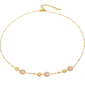 18K gold plated titanium steel choker with pink enamel daisy pendants and a center crystal