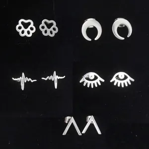 Stainless Steel Stud Earrings Polished Heartbeat Moon Dog Paw Evil Eye Fishtail V Shape Minimalist Jewelry For Women