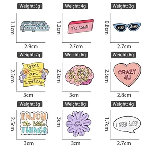 Size and weight specifications for nine assorted alloy enamel pins with sweet floral designs