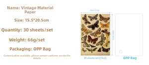 Detail view of vintage butterfly scrapbooking paper pack with exact size and spec details