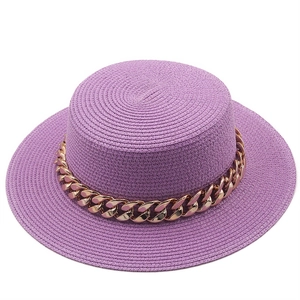 Boater Hat Woven Straw Flat Top Wide Brim Sun Protection Beach Vacation Fashion Women With Gold Chain Decoration