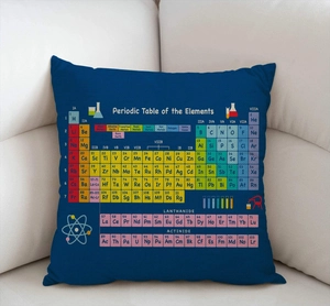 Detail of periodic table print on navy blue linen pillowcase placed on a sofa