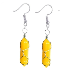 Detail of yellow hexagonal crystal earrings with silver wire wrapping on white background