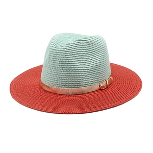 Mint green and red two-tone panama straw hat with a stylish gold metallic buckle
