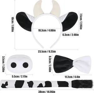 Detailed dimensions of the cow costume kit including headband, nose, bowtie, and tail set