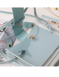 Detail of mint green transparent PVC mini crossbody bag with metallic magnetic buckle closure