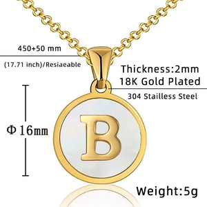 Detail of 18K gold-plated stainless steel necklace with letter B on mother of pearl