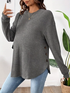 Casual long sleeve maternity top in dark grey knit with decorative side wood buttons