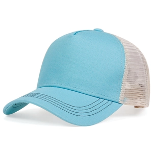 Detail view of light blue mesh truckercap with breathable white back and decorative stitching