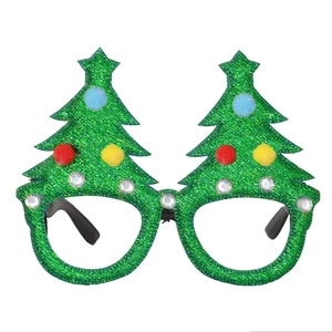 Festive Christmas tree glasses frame with green sequins and colorful pompom decorations