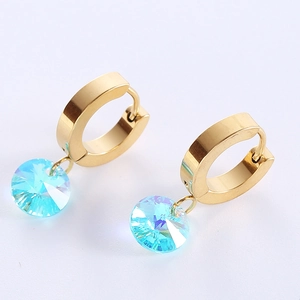 Stainless Steel Huggie Hoop Earrings With Round Faceted Crystal Dangle Gold Plated Geometric Jewelry For Women