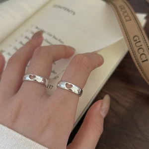 Hollow Heart Shaped Ring 925 Sterling Silver Minimalist Adjustable Open Band Dainty Polished Jewelry For Women