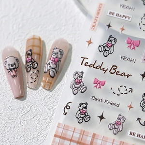 5D stereoscopic teddy bear nail stickers with bows and stars for sweet nail art designs