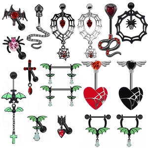 Gothic Punk Bat Spider Heart Belly Button Ring Stainless Steel Alloy Rhinestone Body Piercing Jewelry Halloween Nipple Ring For Women