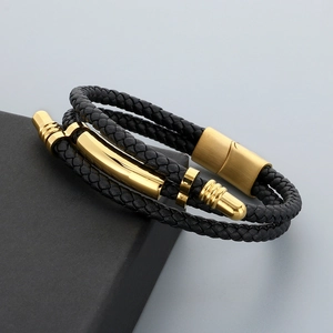 Men's double-layered black braided leather bracelet with golden magnetic clasp
