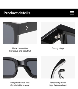 Detail view of square sunglasses with reinforced metal hinges and rivet decor