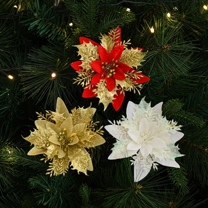 Artificial Christmas Flowers Glitter Poinsettia Sequin Fabric Tree Ornaments Festive Sparkling Home Party Decorations