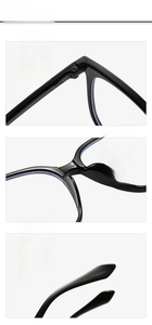 Detail of square black frame glasses featuring reinforced hinges and ergonomic temples