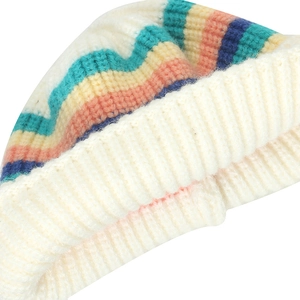 Cozy rainbow striped knit beanie for kids with warm ribbed texture and colorful pattern