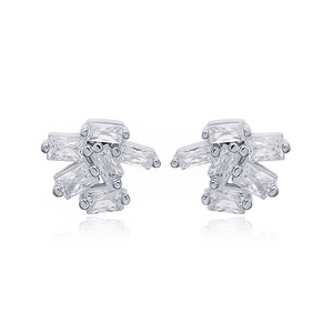 Detail of silver stud earrings with cluster of rectangular clear zircon crystals