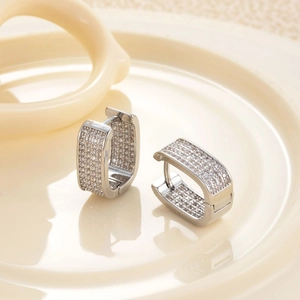 Elegant silver rectangular hoop earrings encrusted with sparkling white cubic zirconia