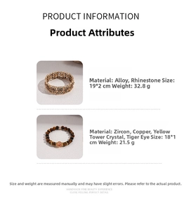 Detail of vintage gold alloy bracelet with zircons and tiger eye beaded stretch bracelet