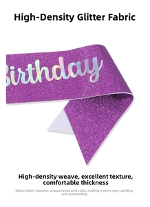 Macro detail of purple glitter Birthday sash with holographic silver lettering