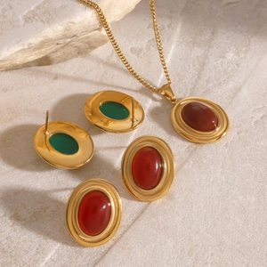 18k gold-plated stainless steel necklace and earring set with red and green agate stones