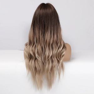 Rear view detail of ombre brown to blonde long wavy hair wig on mannequin head
