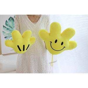 Pair of yellow plush cartoon hand gloves with smiley face and stripes for dancing props