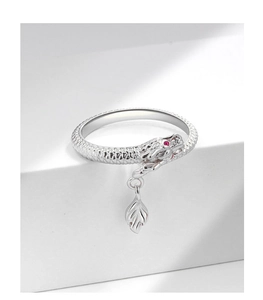 Detailed silver dragon ring with scaled texture, red eyes, and a leaf-shaped dangle charm