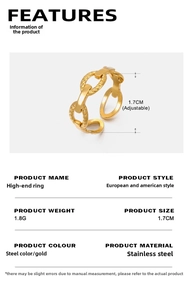 Detail view of adjustable gold chain-link stainless steel ring with size and weight specs